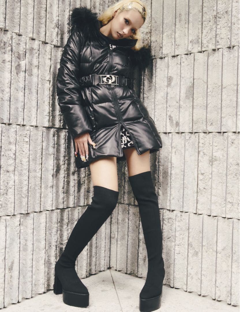 GYDAGDベルト付きフェイクレザーロングダウンコートM ノベルティショッパー付