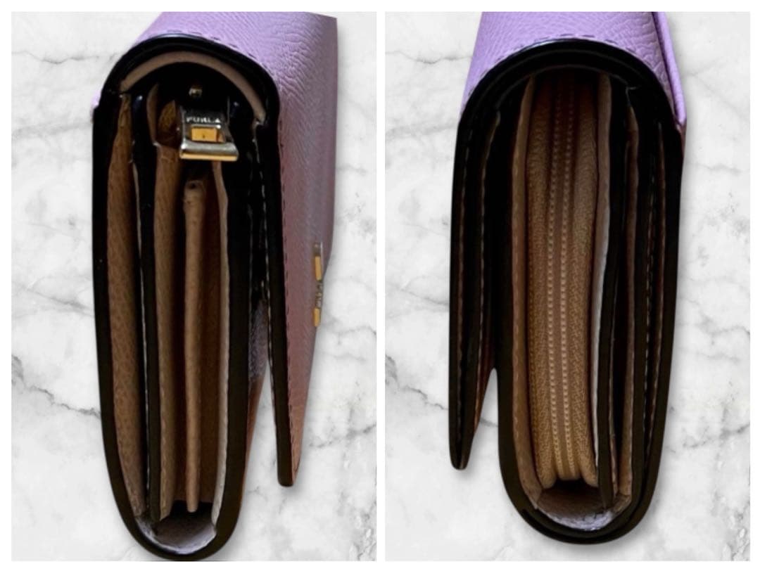 美品 FURLA フルラ☆シボ革 カメリア ウォレット レザー ピンク箱保存袋付