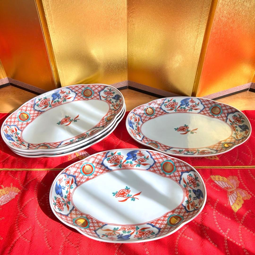 【未使用品】たち吉　橘吉　赤絵花鳥金彩丸紋　楕円皿5枚セット　希少　廃盤品