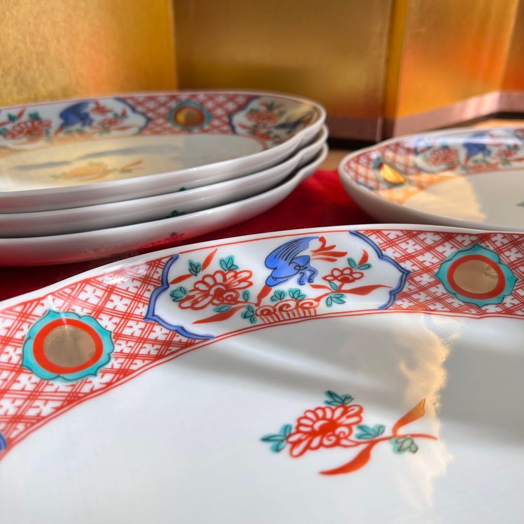 【未使用品】たち吉　橘吉　赤絵花鳥金彩丸紋　楕円皿5枚セット　希少　廃盤品