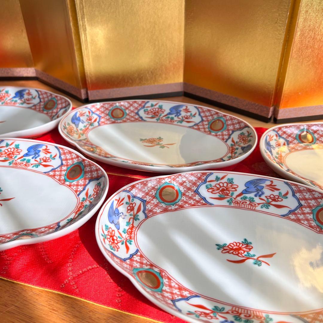 【未使用品】たち吉　橘吉　赤絵花鳥金彩丸紋　楕円皿5枚セット　希少　廃盤品
