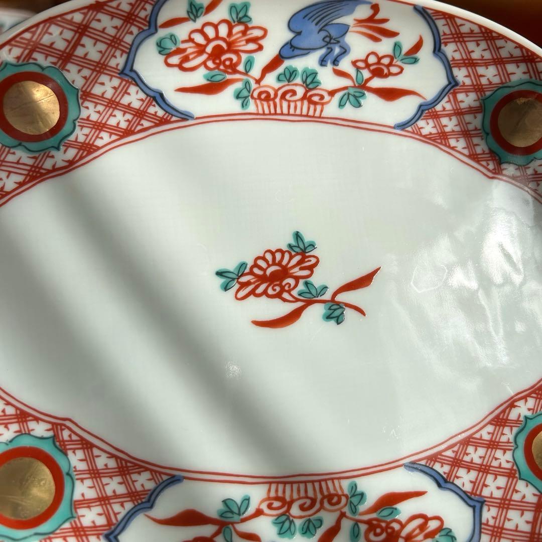 【未使用品】たち吉　橘吉　赤絵花鳥金彩丸紋　楕円皿5枚セット　希少　廃盤品