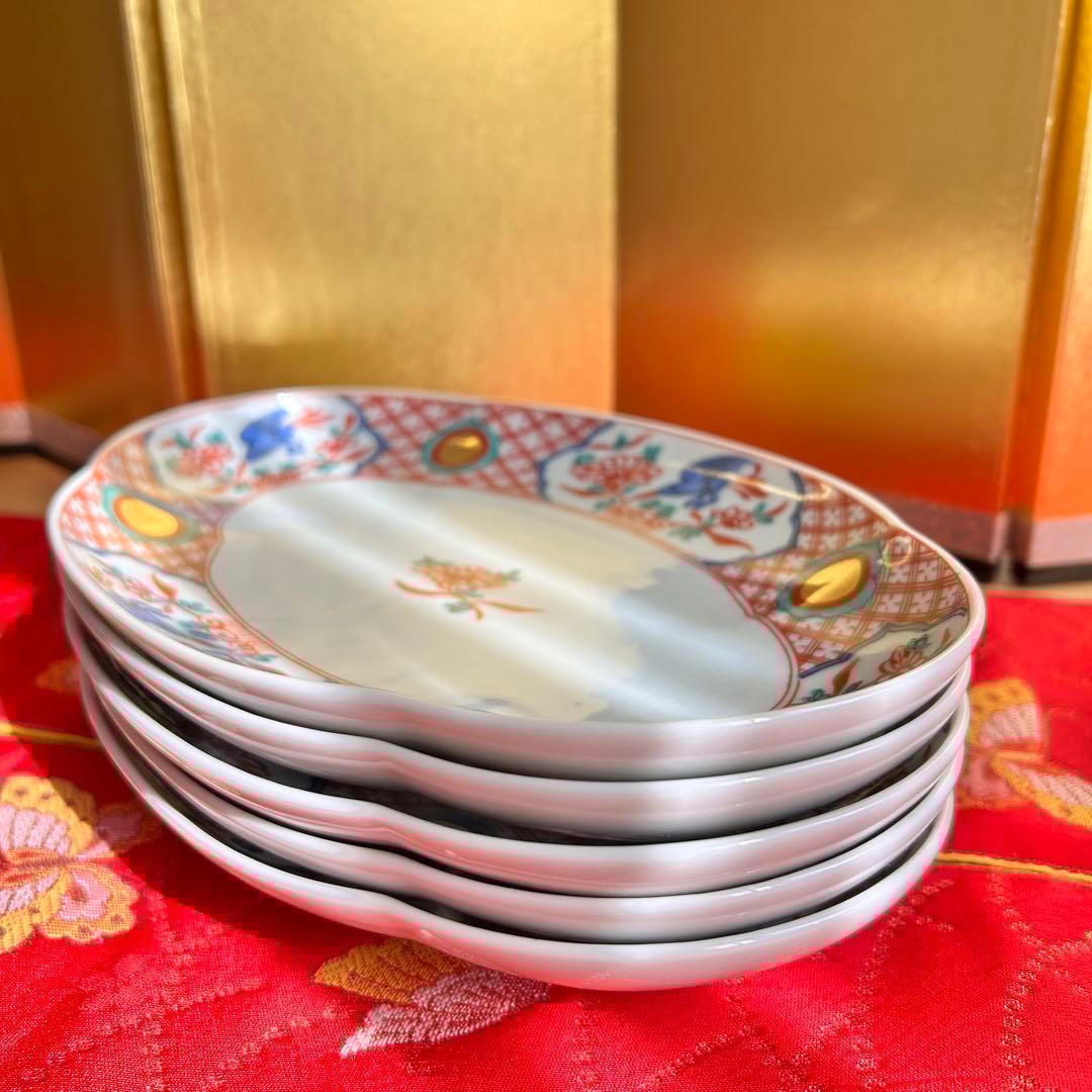 【未使用品】たち吉　橘吉　赤絵花鳥金彩丸紋　楕円皿5枚セット　希少　廃盤品
