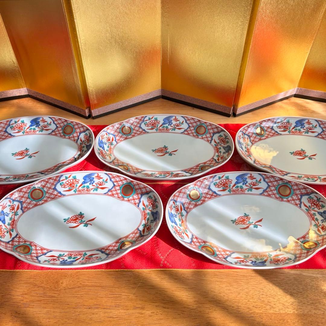 【未使用品】たち吉　橘吉　赤絵花鳥金彩丸紋　楕円皿5枚セット　希少　廃盤品