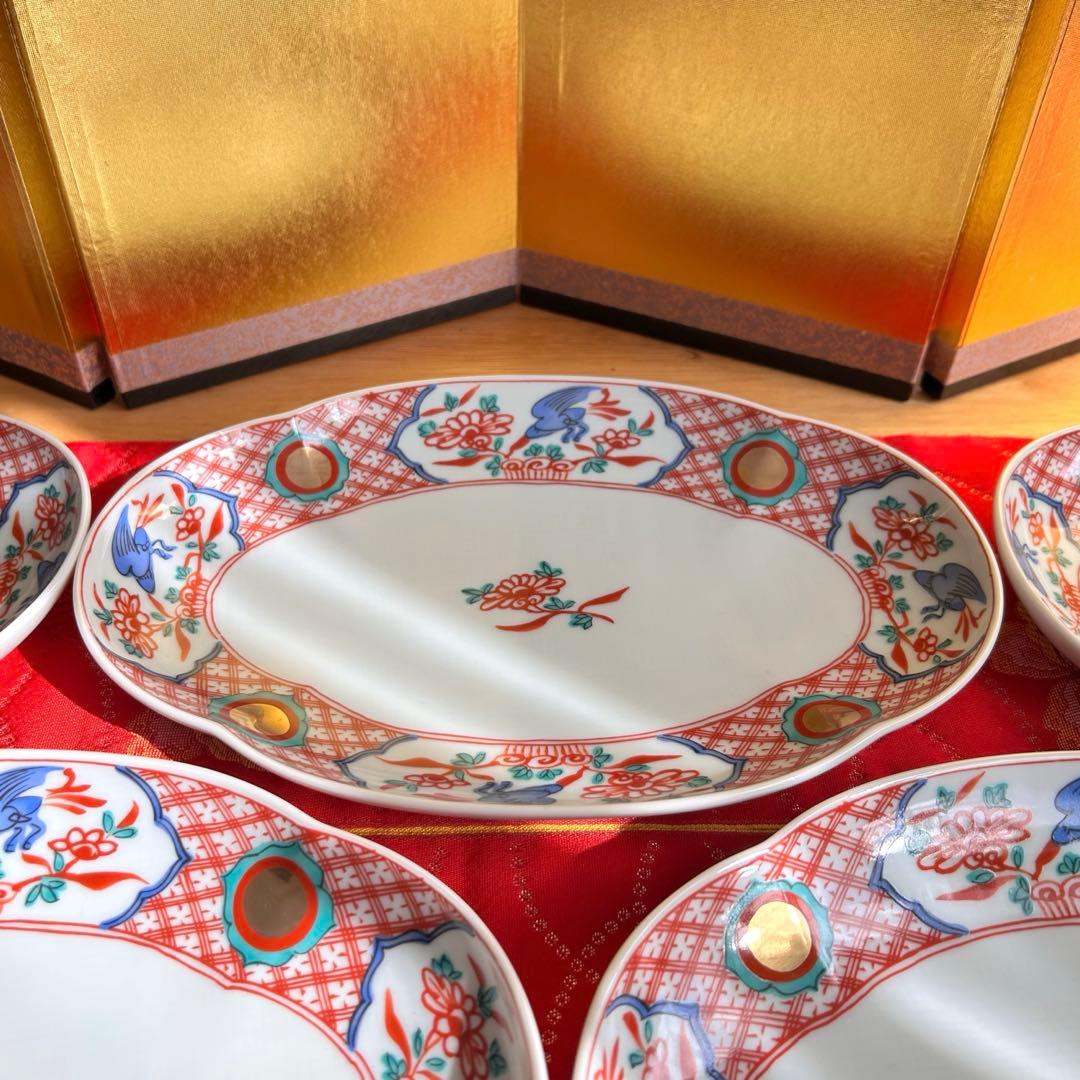 【未使用品】たち吉　橘吉　赤絵花鳥金彩丸紋　楕円皿5枚セット　希少　廃盤品