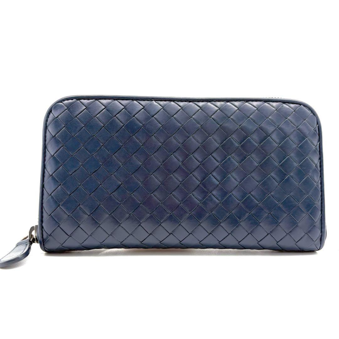 【美品】BOTTEGA　長財布　ラウンドジップ　ネイビー　青系　イントレチャート