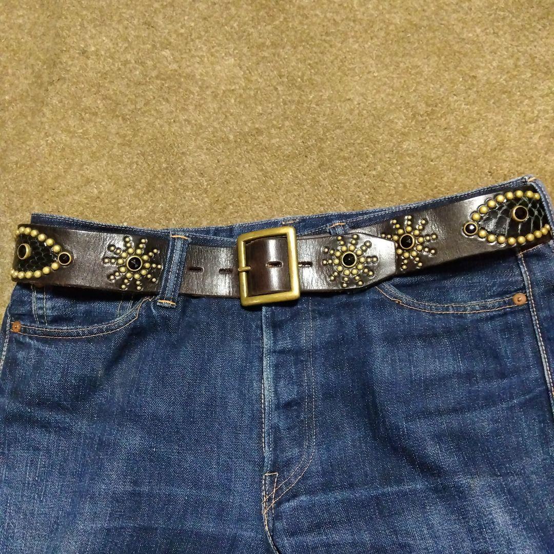 36inch HTC 茶芯 ピーナッツ レザー スタッズベルト ブラック