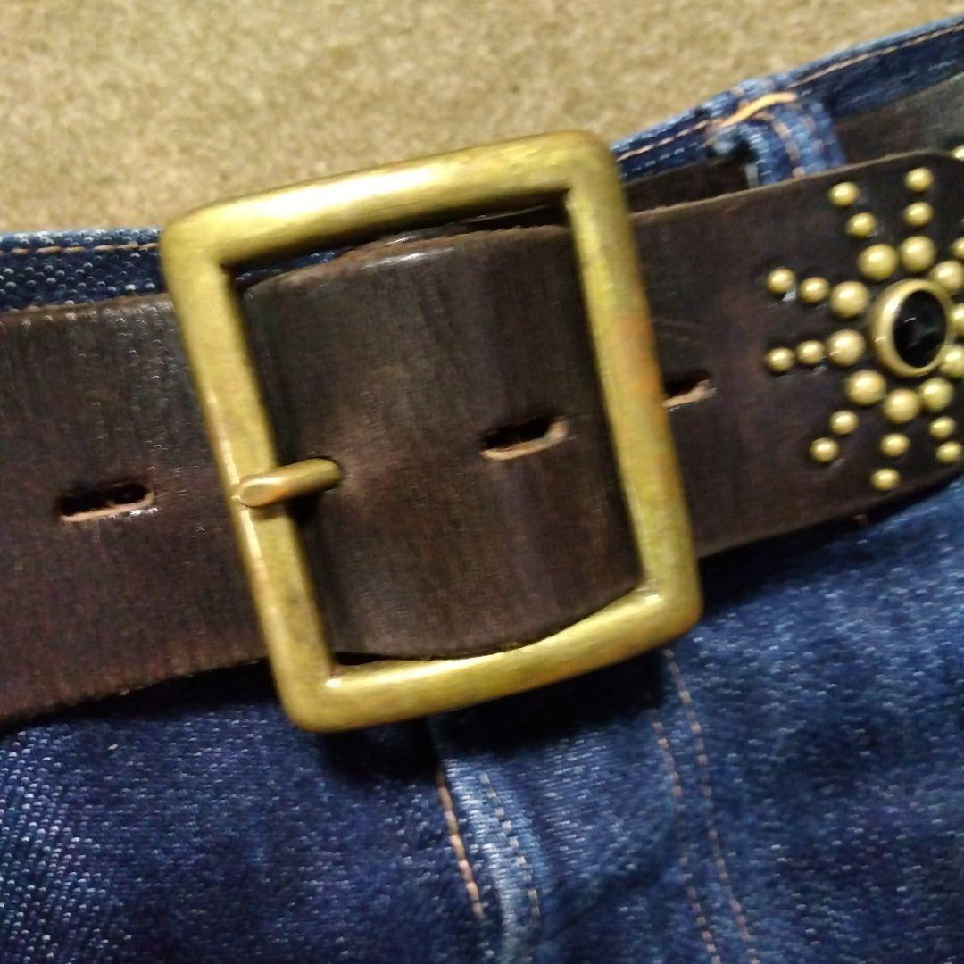 36inch HTC 茶芯 ピーナッツ レザー スタッズベルト ブラック