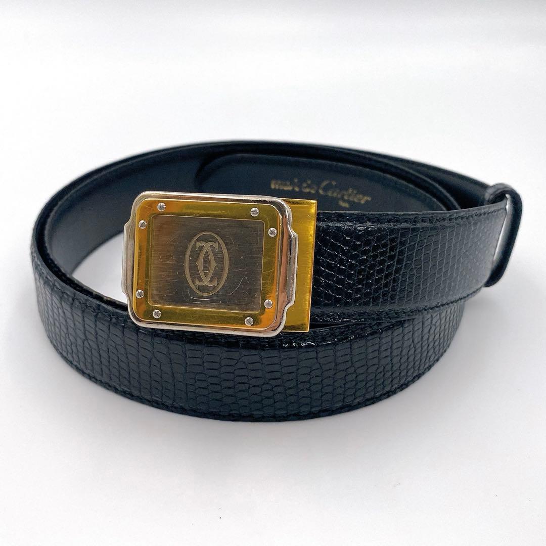 Cartier カルティエ サントス リザード 型押し レザー ベルト ブラック