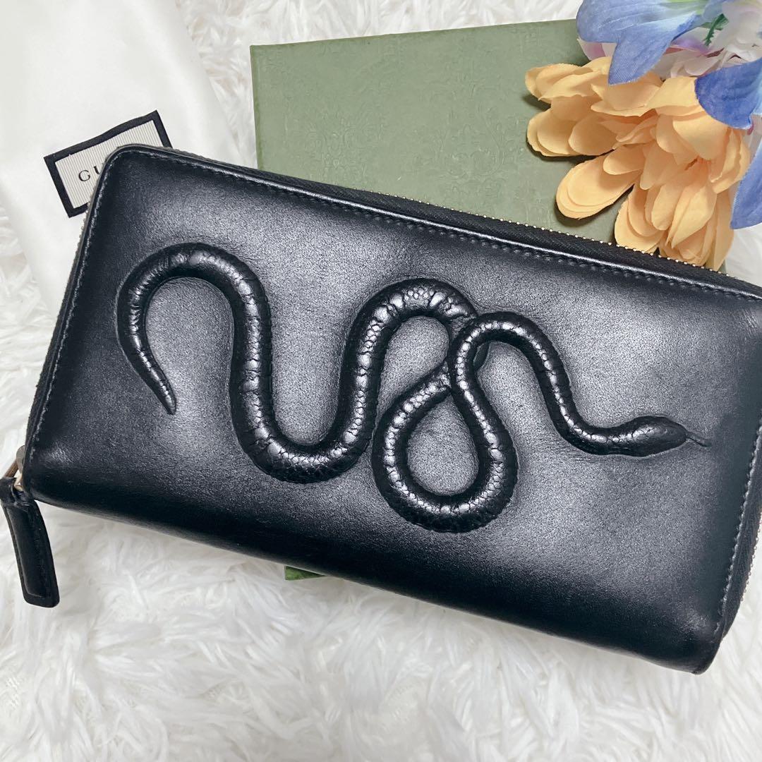 希少ミケーレ期 グッチ 長財布 ラウンドファスナー スネーク レザー ブラック