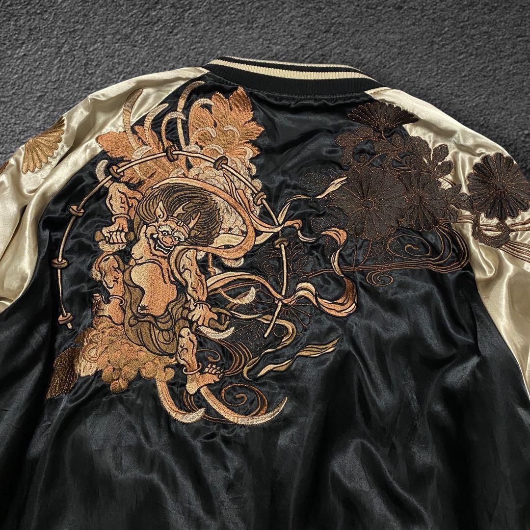 \"5L„ 絡繰魂 風神&雷神 刺繍 ポリエステルサテン スカジャン ビッグサイズ
