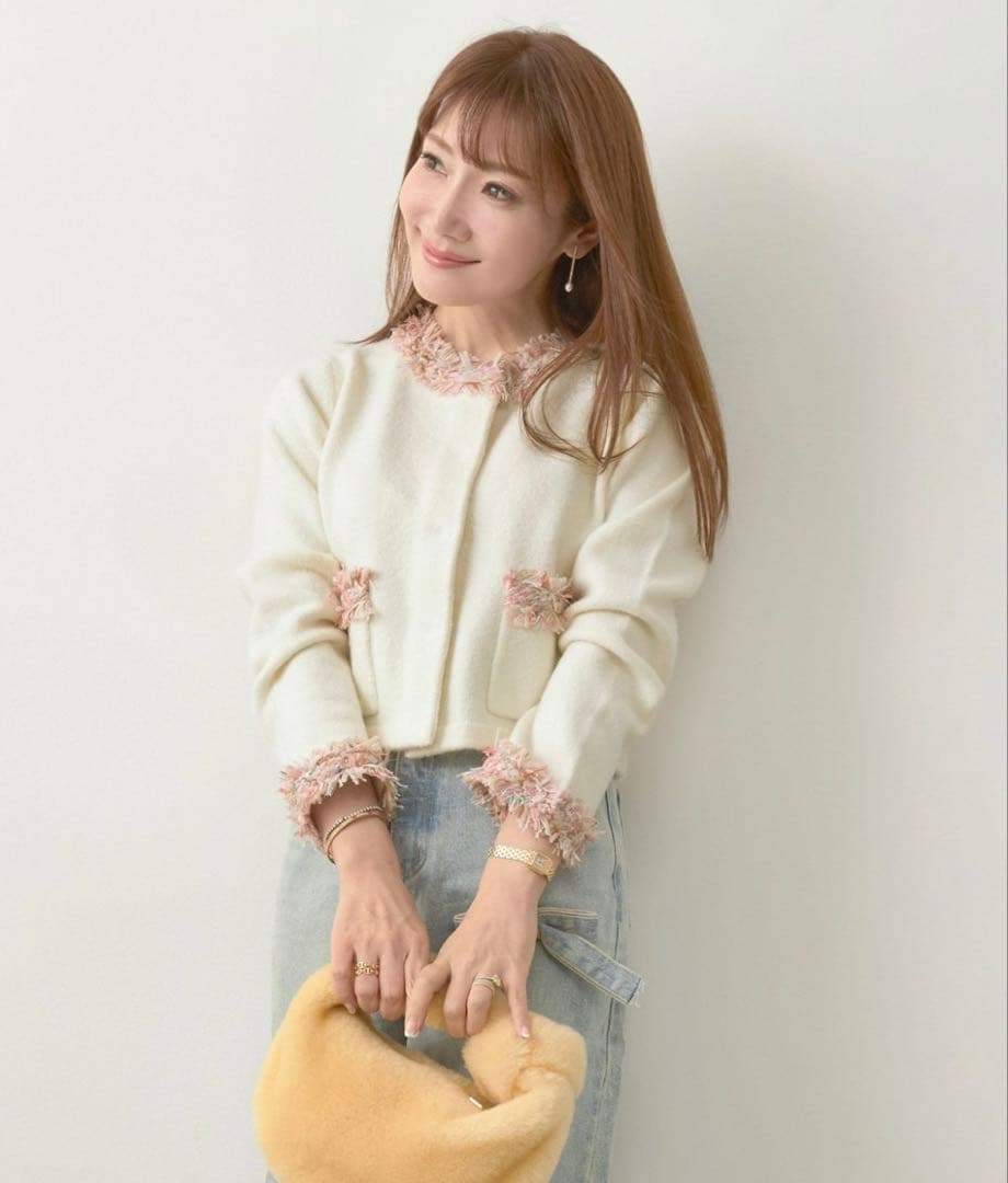 Liala×PG フリンジツイードラウンドネックニットカーディガン