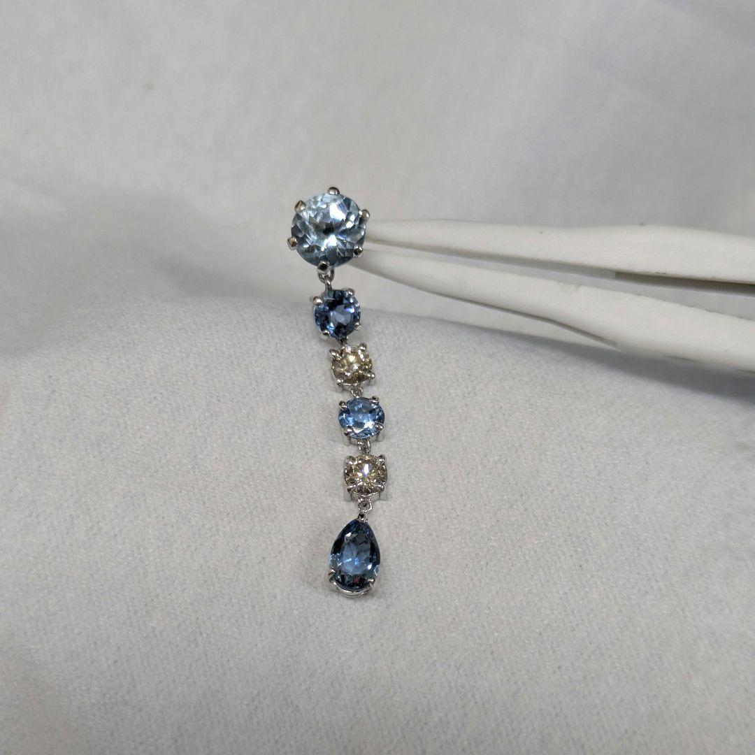 PT900 アクアマリン ダイヤモンド 6連 ピアス 片側 半ペア