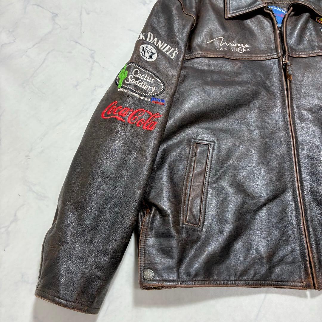 激シブ✨VINTAGE レザージャケット ライダース ワッペン ブラウン L