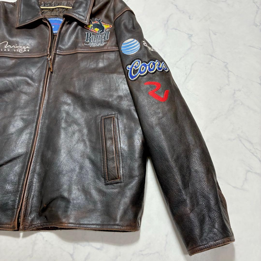 激シブ✨VINTAGE レザージャケット ライダース ワッペン ブラウン L
