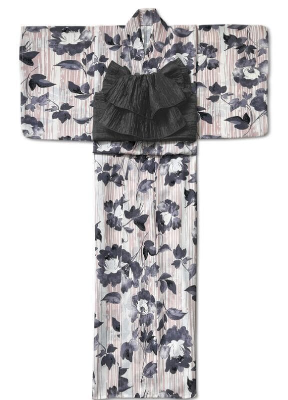 画像の黒つくり帯+お任せ白兵児帯つき◆ポリエステル浴衣◆上質黒紺花の大人浴衣◆