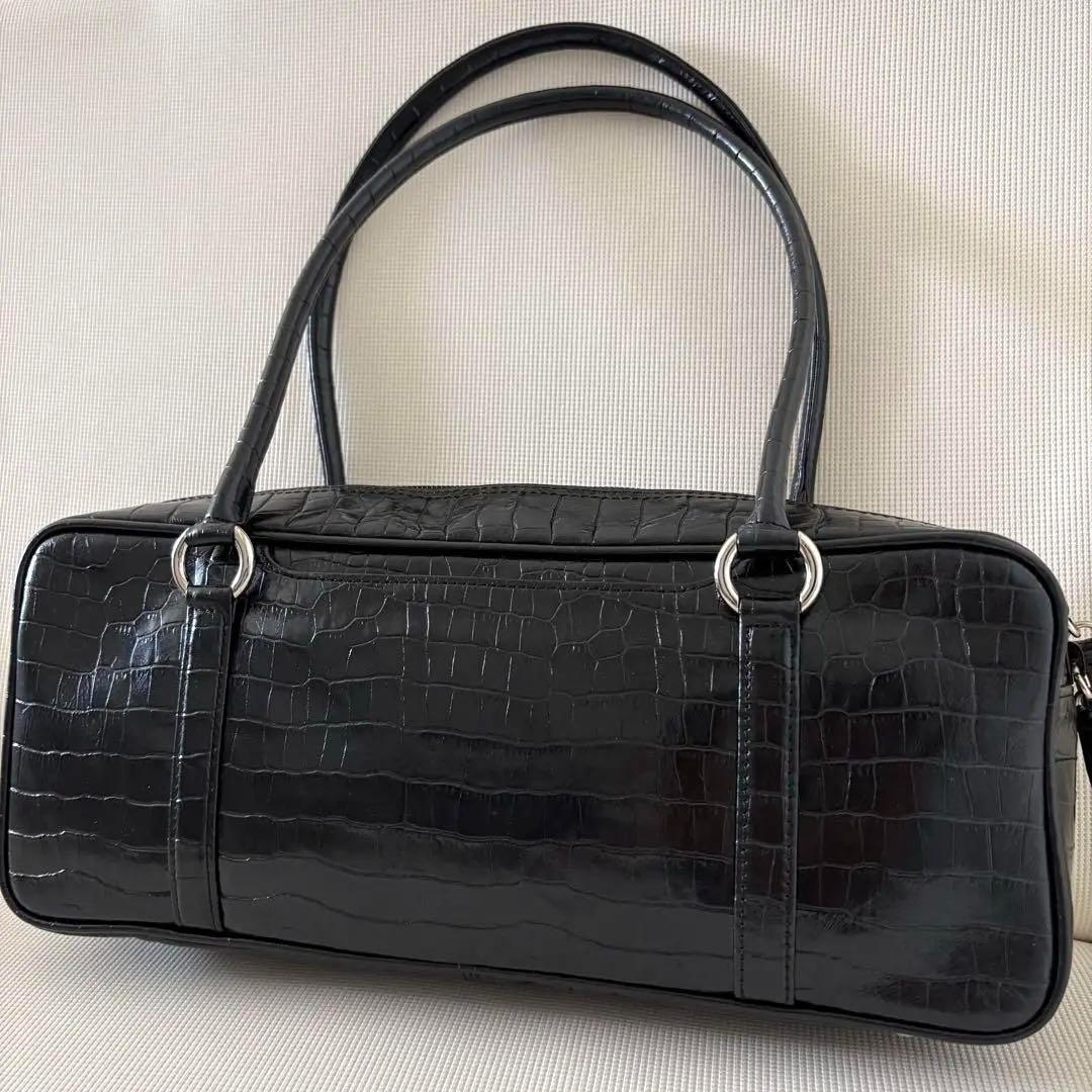【美品】芸能人着用 定価66,000円 濱野皮革工藝 クロコ型押し ボストン 黒