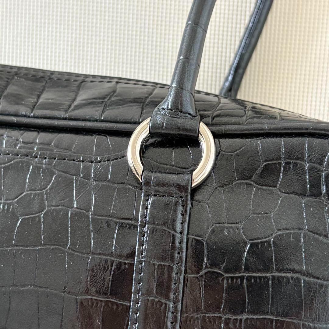 【美品】芸能人着用 定価66,000円 濱野皮革工藝 クロコ型押し ボストン 黒