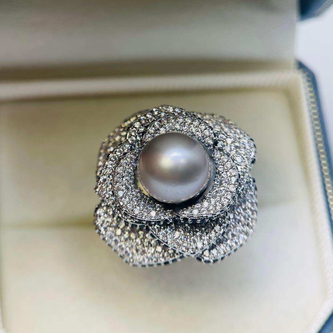 南洋真珠 リング 黑蝶真珠 黒真珠　タヒチ　指輪 プラチナグレー 薔薇