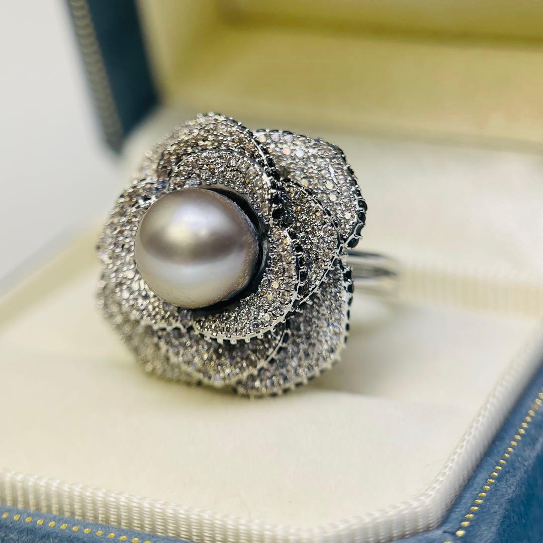 南洋真珠 リング 黑蝶真珠 黒真珠　タヒチ　指輪 プラチナグレー 薔薇