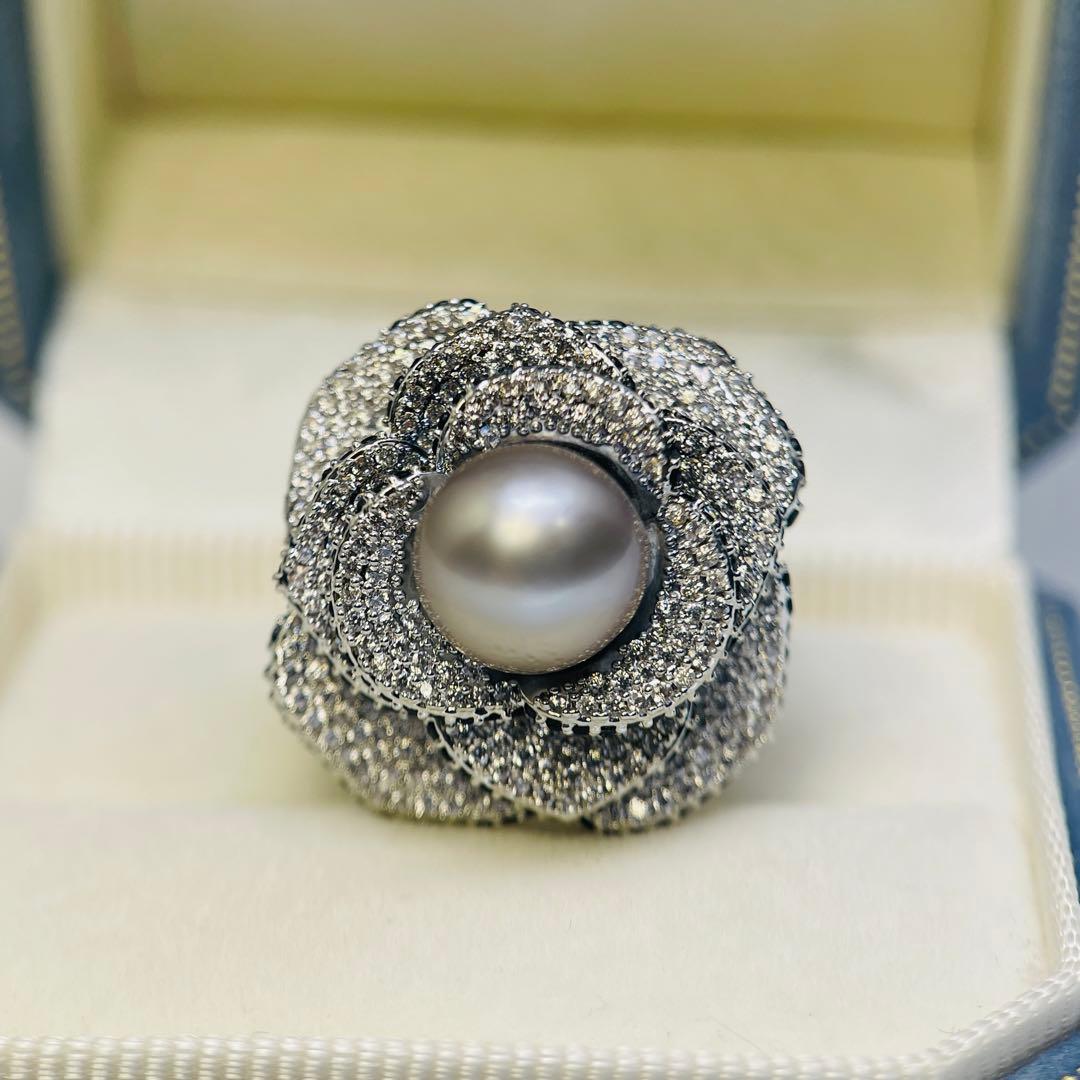 南洋真珠 リング 黑蝶真珠 黒真珠　タヒチ　指輪 プラチナグレー 薔薇