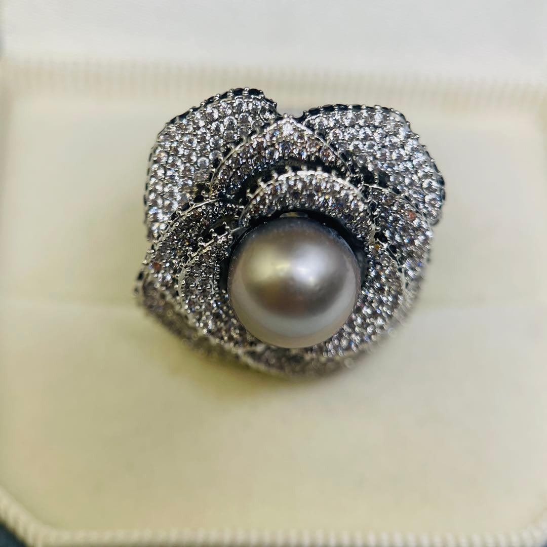 南洋真珠 リング 黑蝶真珠 黒真珠　タヒチ　指輪 プラチナグレー 薔薇