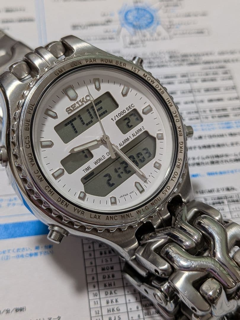 ケース付　SEIKO デジアナGMTワールドタイム H021-8050 クォーツ