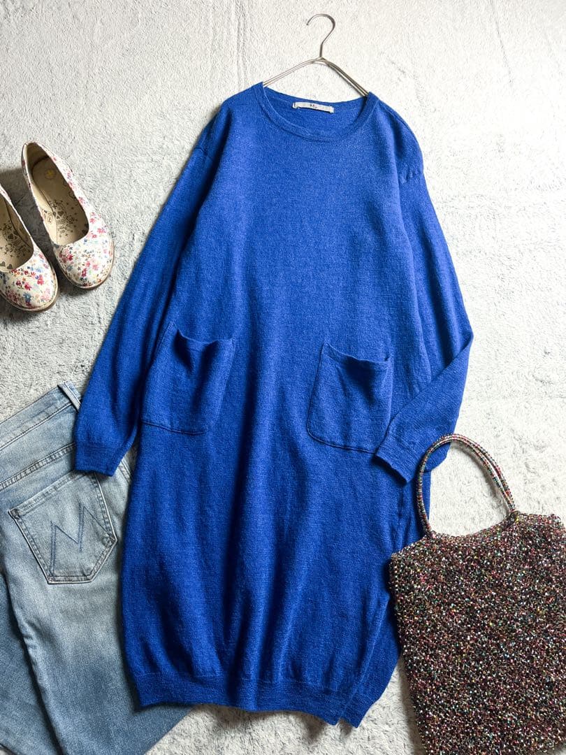 【45R】45rpm 毛100% クルーネックロングニットワンピース ポケット付