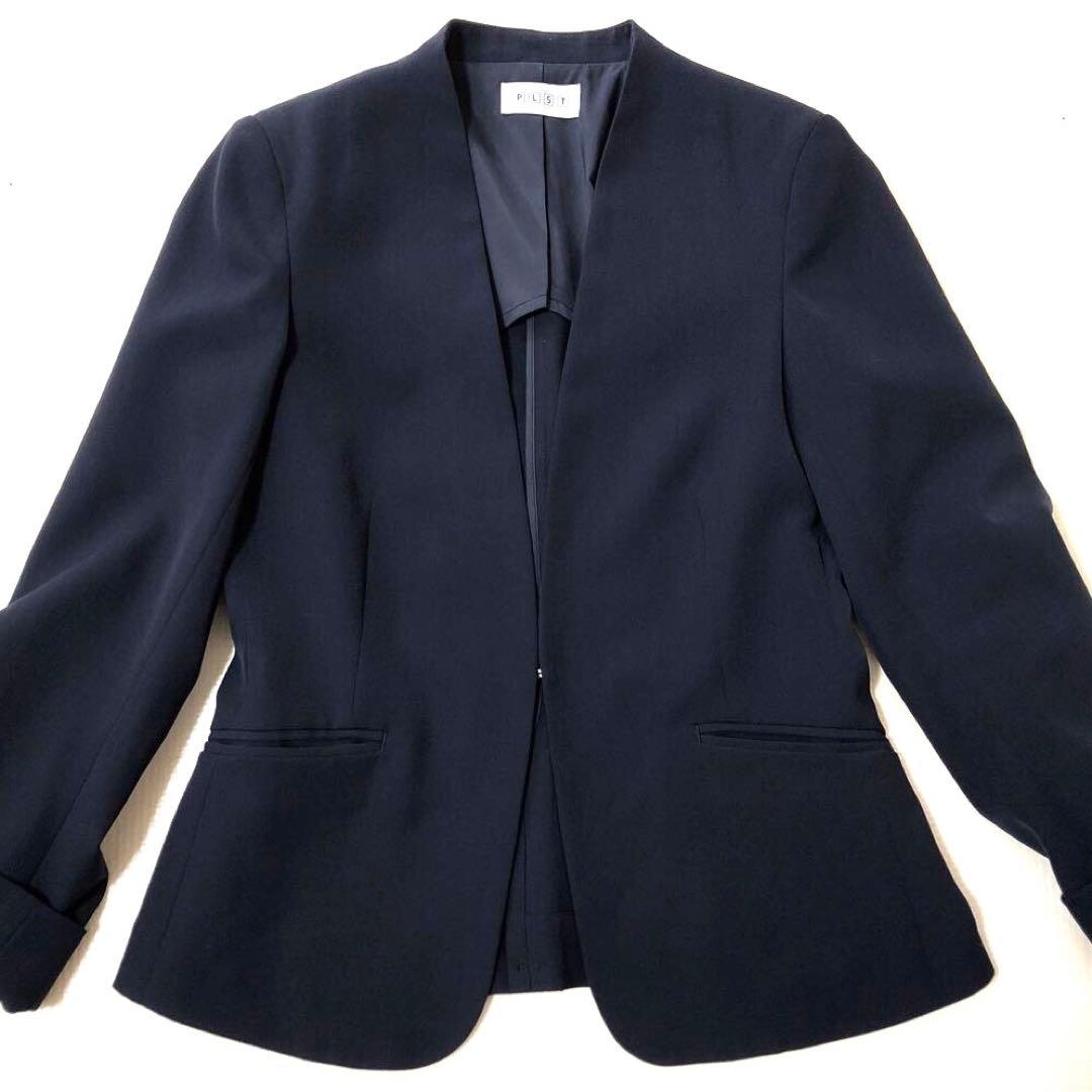 美品 PLST プラステ パンツスーツ 上下セットネイビー ノーカラー