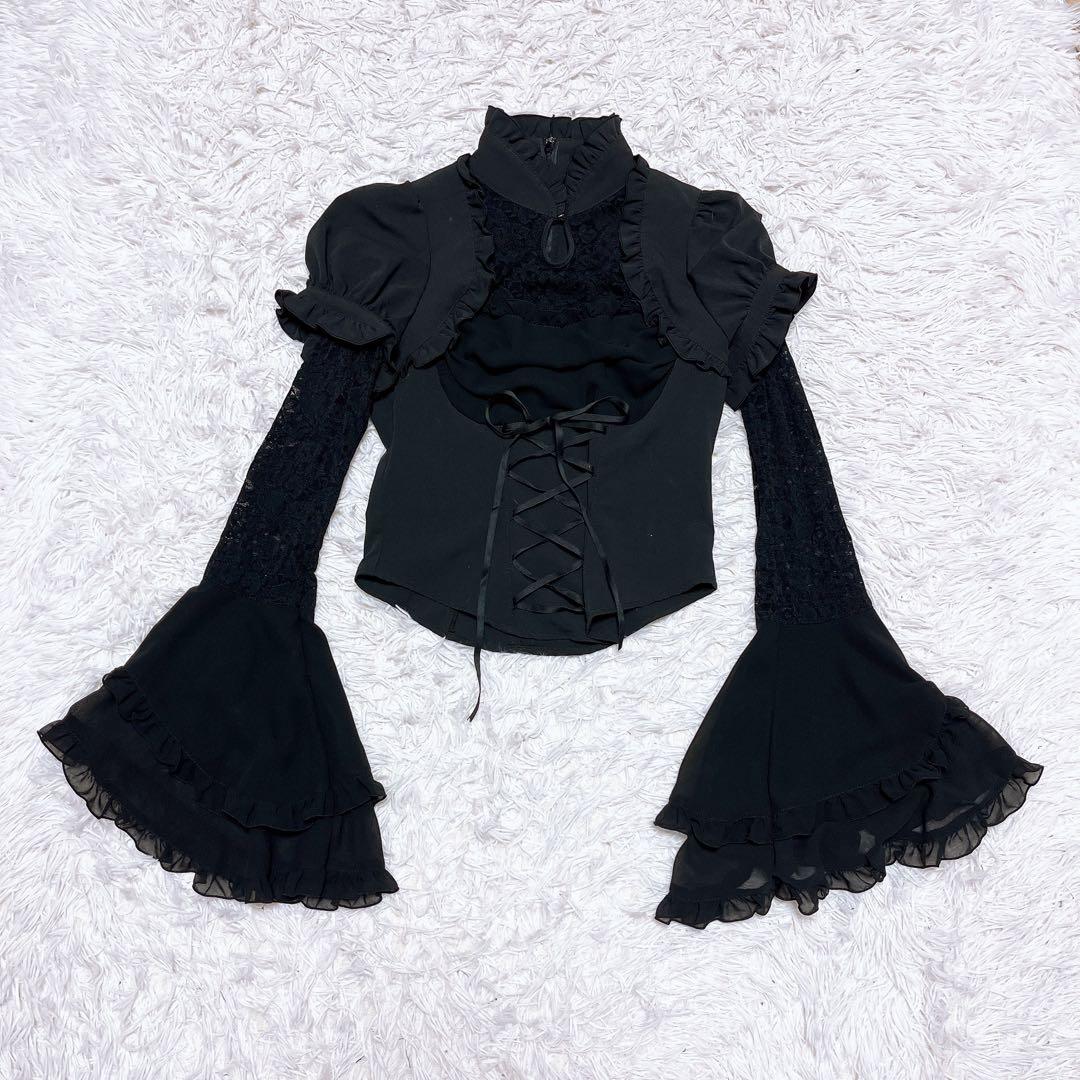 BPN 希少 コルセット 編み上げ 姫袖 ブラウス レース シア ゴシック 黒