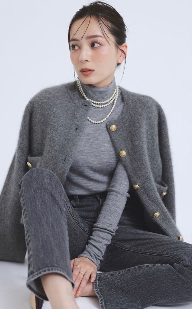 anuans ラクーンブレンドノーカラーニットジャケット