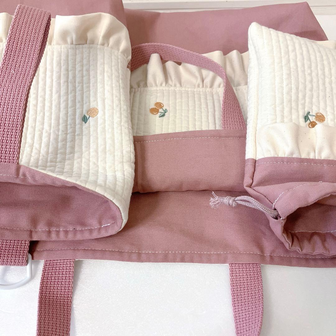 レッスンバッグ 上履き入れ　コップ袋　ヌビ　さくらんぼ刺繍