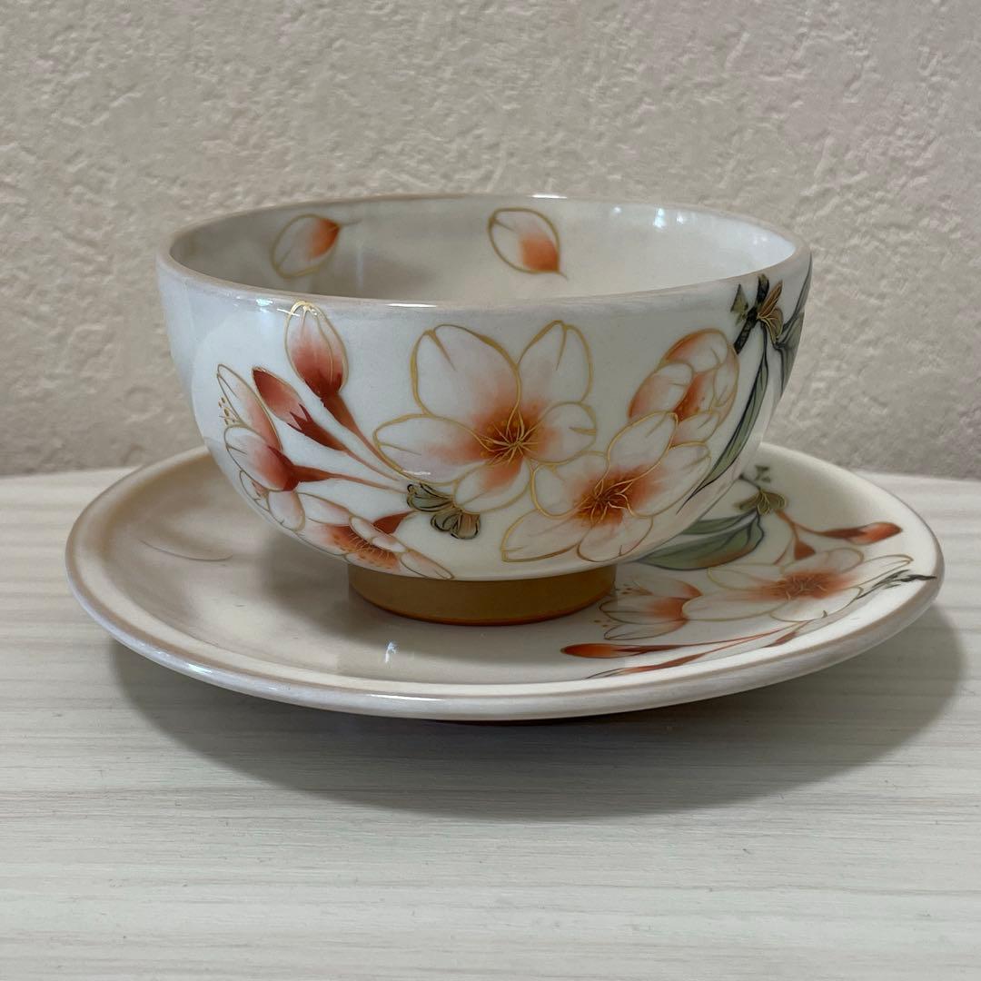 陶あん　京焼　伝統工芸色絵付け 湯呑み茶碗 桜　（お皿付き）