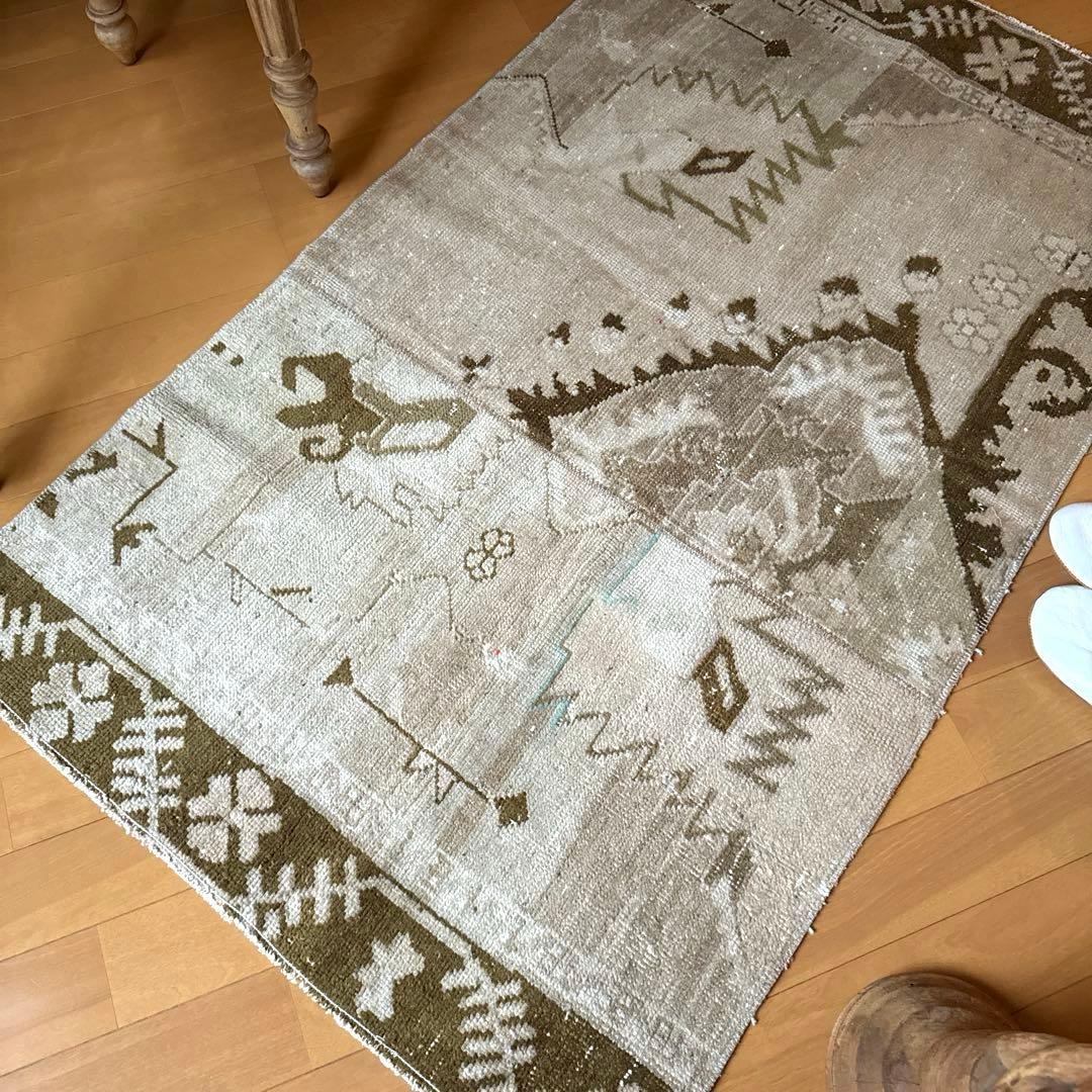 71×124ウール　ベージュ×ブラウン　パッチワーク　トルコヴィンテージラグ