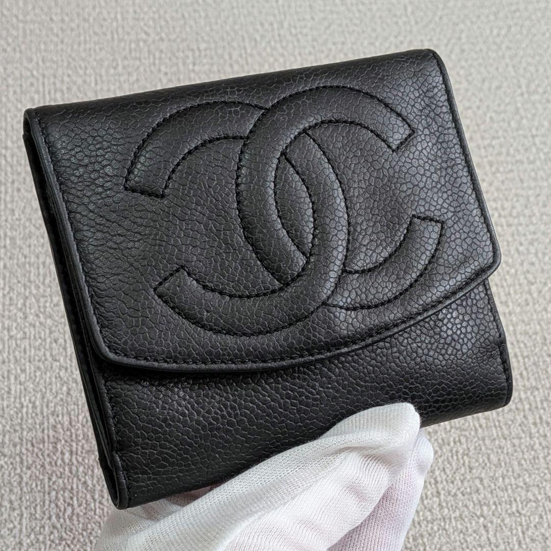 シャネル　デカココ　Wホック折り財布　キャビアスキン　黒　ミニチェーンウォレット