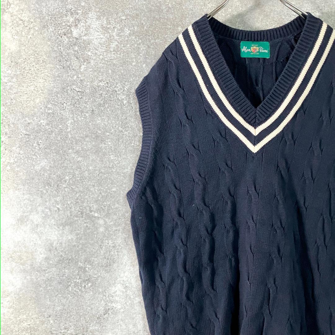 Alan&Paine　チルデンベスト　ネイビー　Ⅴネック　アラン　コットン