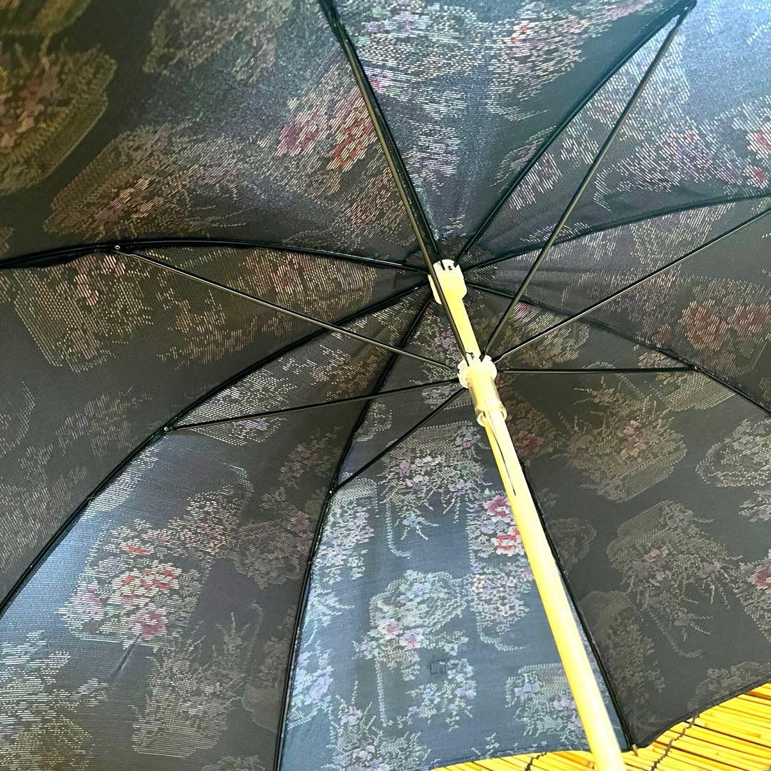 大島紬リメイク＊手作りおしゃれ日傘とお揃い巾着トート＊濃紺 花柄