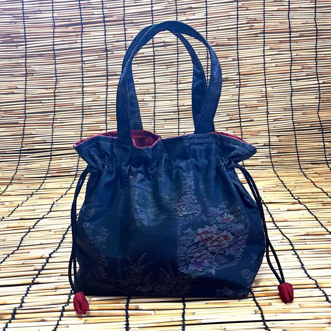 大島紬リメイク＊手作りおしゃれ日傘とお揃い巾着トート＊濃紺 花柄