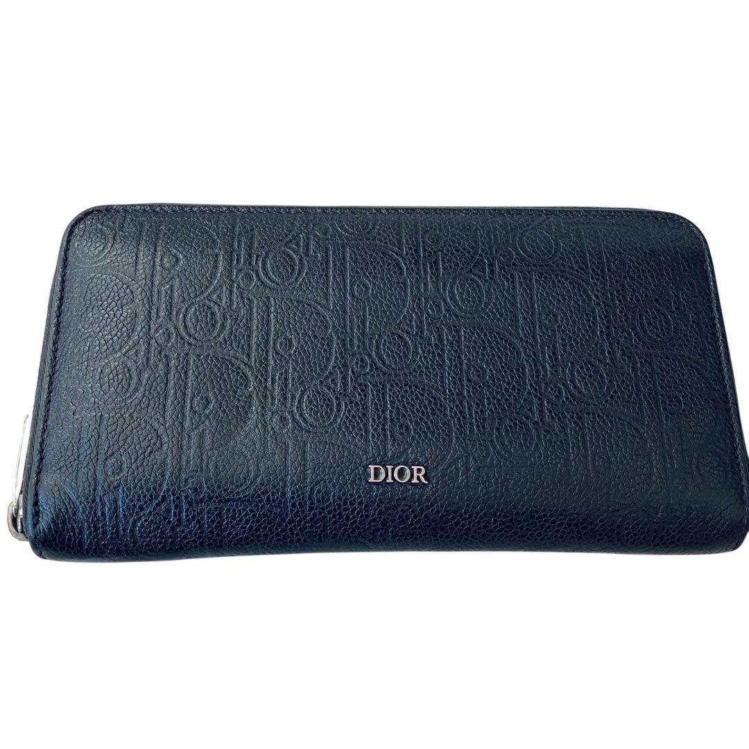 CHRISTIAN DIOR【美品】エンボス加工レザー ラウンドジップ 長財布