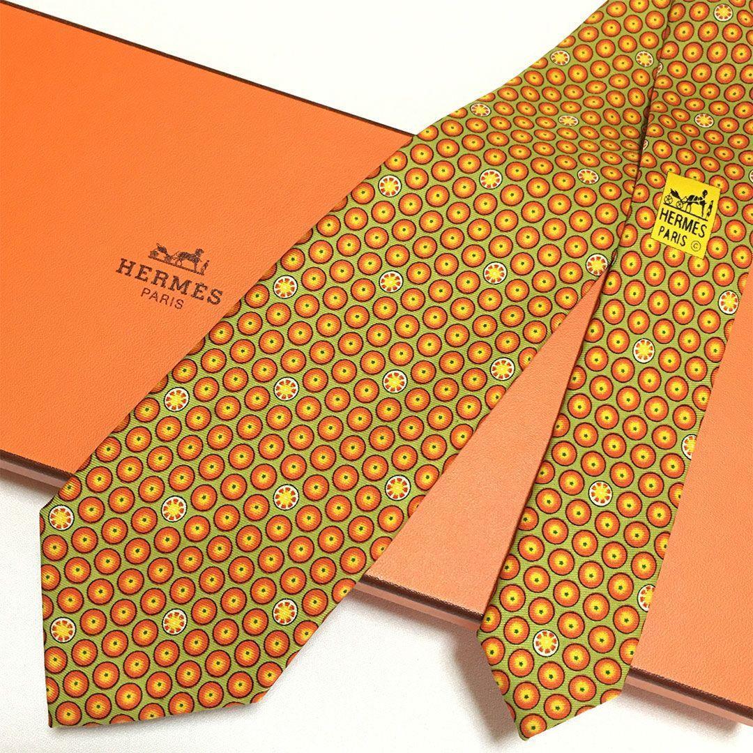未使用級 エルメス HERMES ネクタイ シルク オレンジ グリーン 総柄