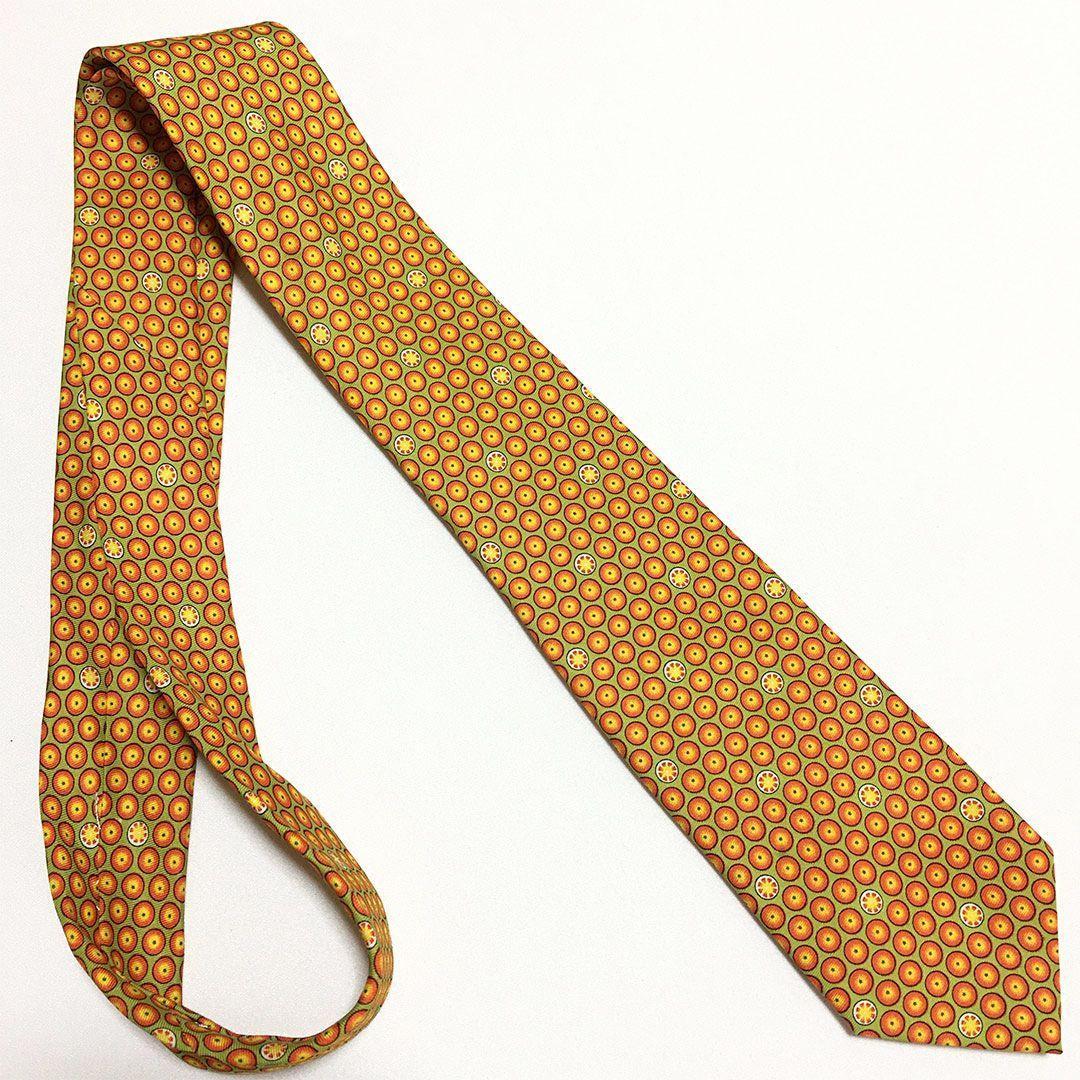 未使用級 エルメス HERMES ネクタイ シルク オレンジ グリーン 総柄