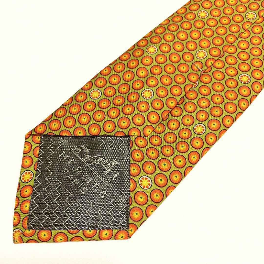 未使用級 エルメス HERMES ネクタイ シルク オレンジ グリーン 総柄