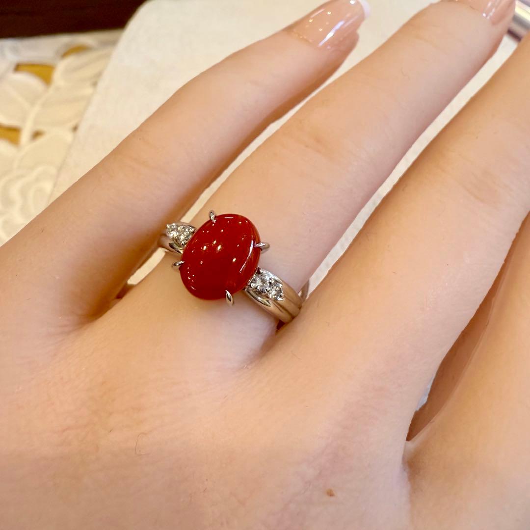 Pt900 血赤珊瑚1.73ct ダイヤ0.11ct リング 新品 13号
