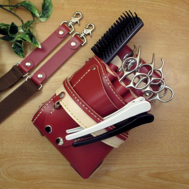 赤色＆ナチュラル　８丁差し　本革シザーケース　SCA-143/CRA