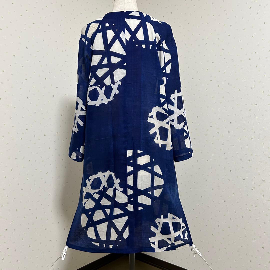 着物リメイク　アンティーク藍本染浴衣　綿　夏物ロングコート＊トートバッグ