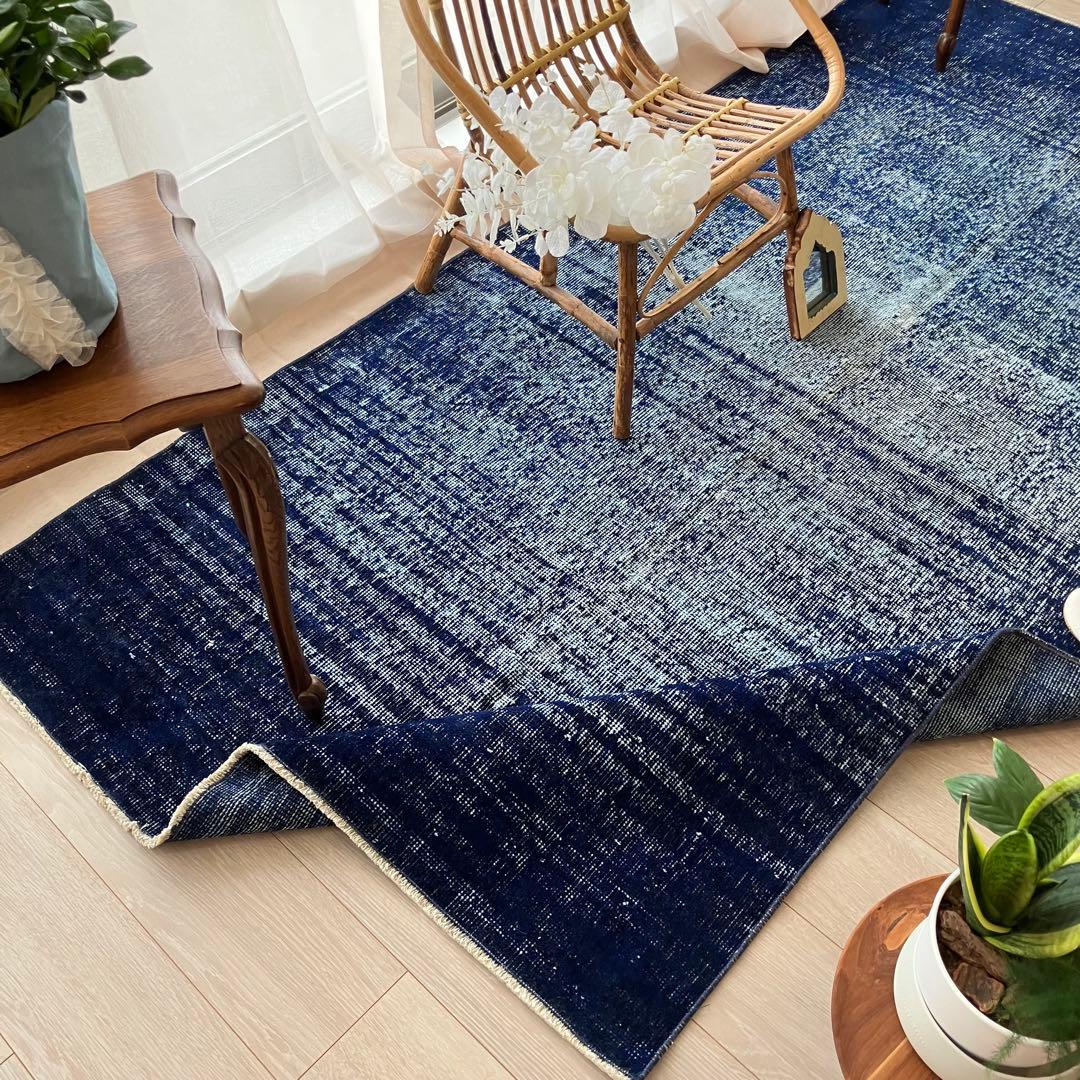 オーバーダイ109×205 デニム　グラデーションブルー　トルコヴィンテージラグ