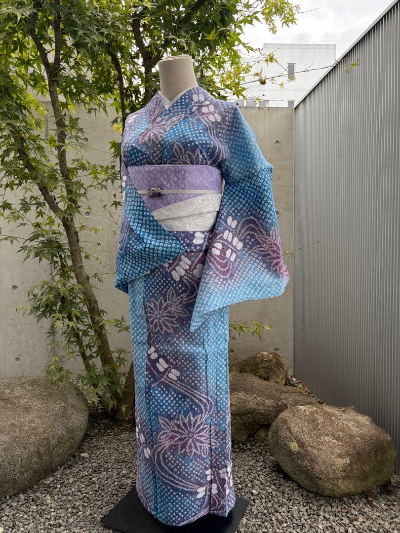 有松絞り浴衣 新品 仕立て上りhanashibori青水色紫地　ゆう様