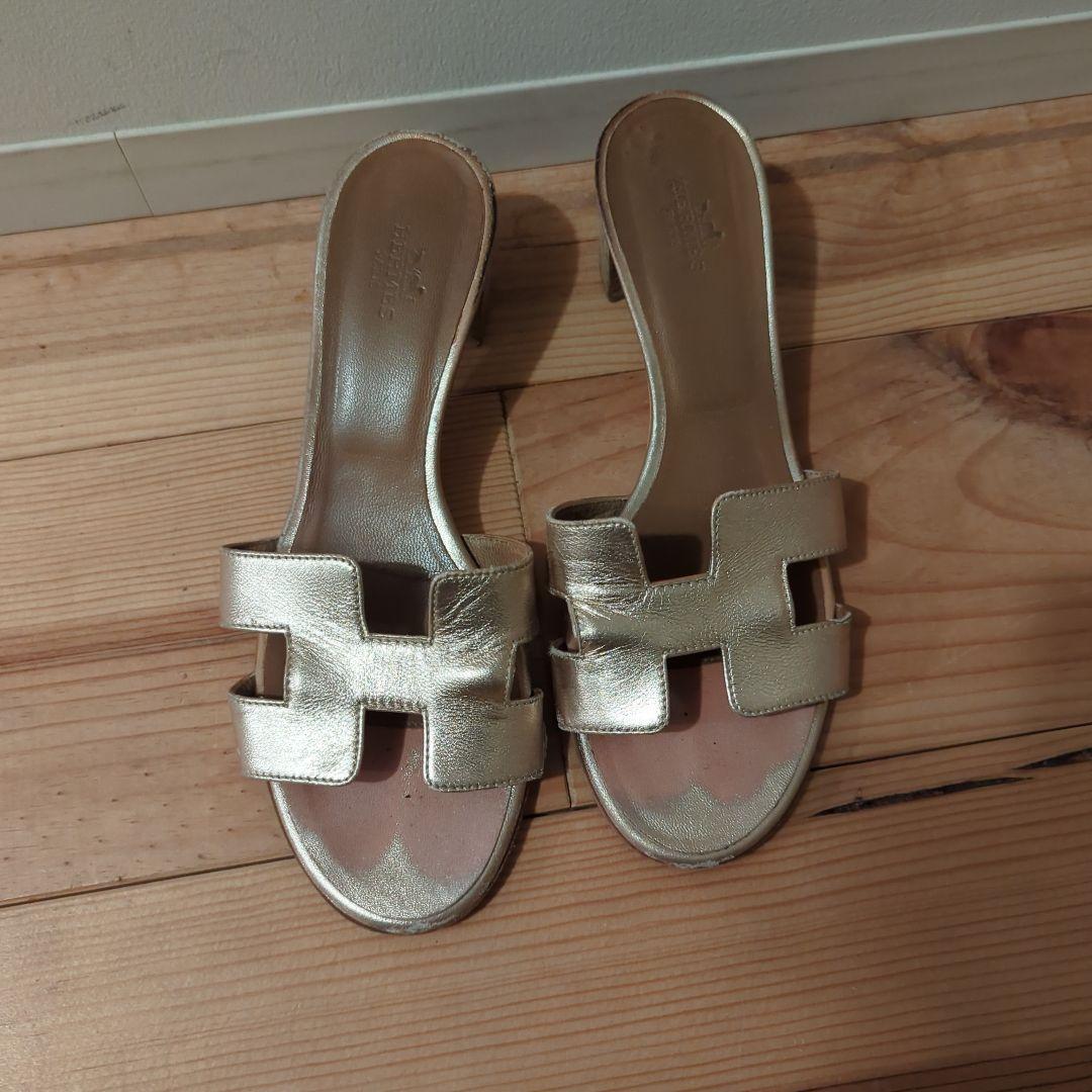 エルメス、オアジス、ゴールド ミュール 約6cmヒール、サイズ37