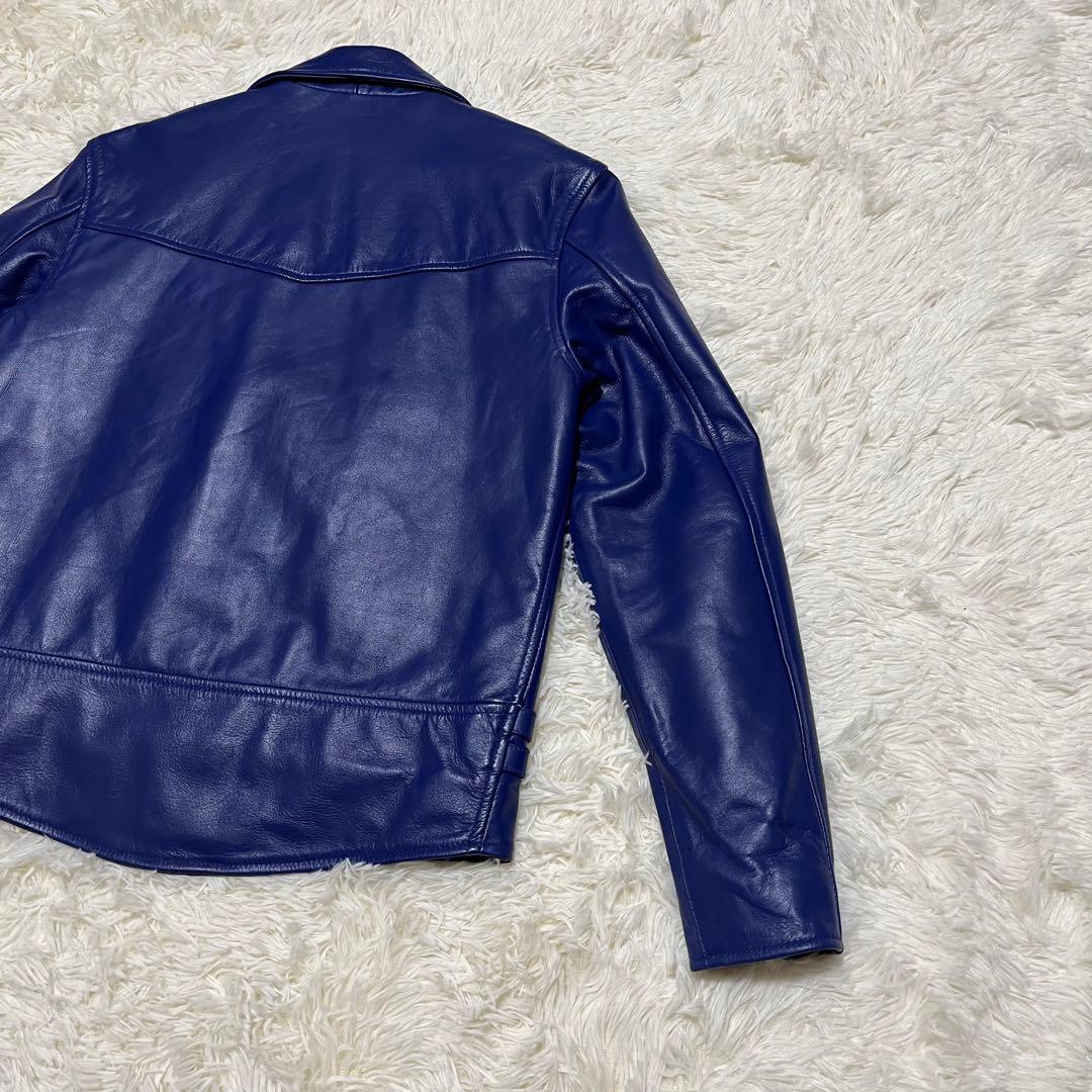 【美品】HORN WORKS レザー ダブルライダースジャケット LL ブルー