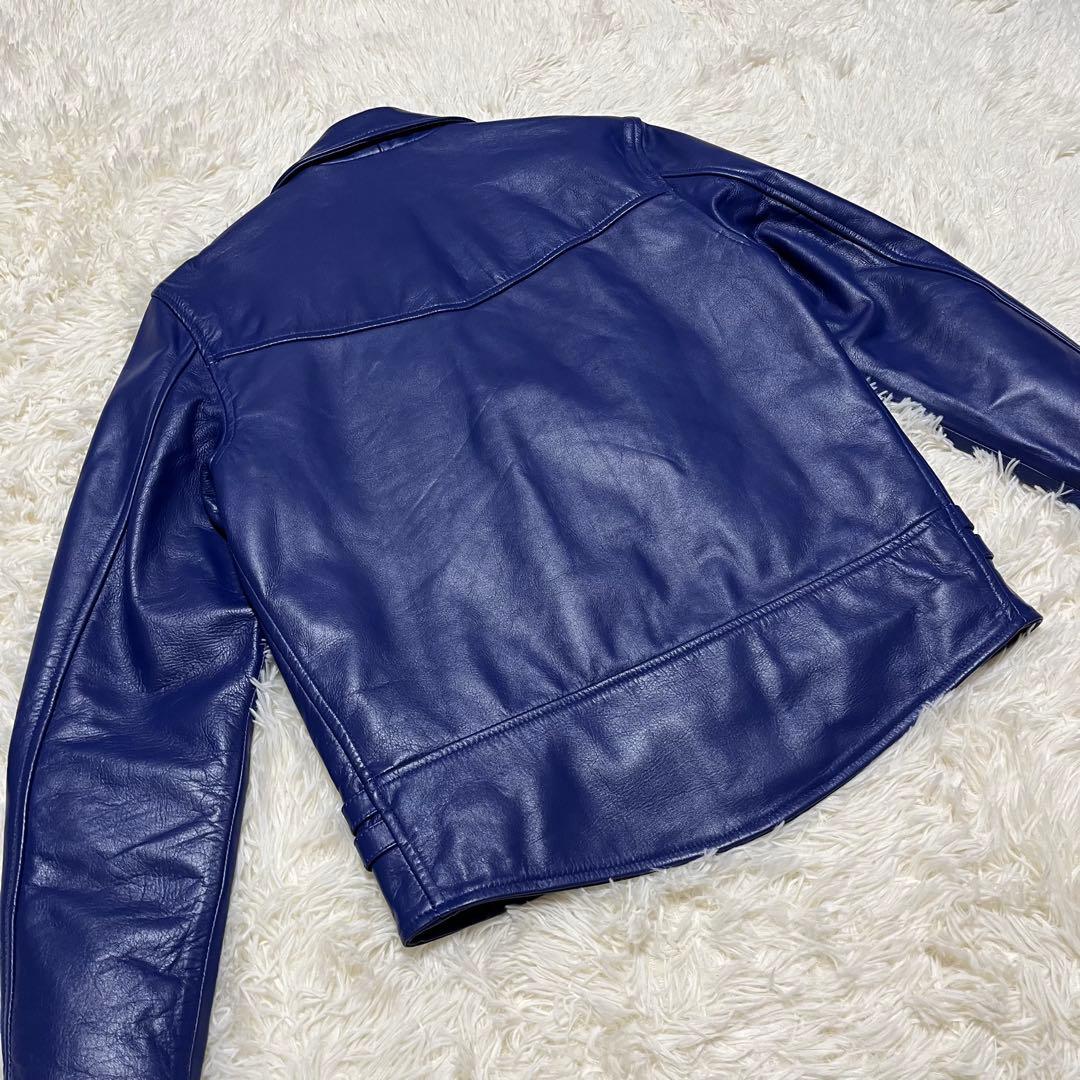 【美品】HORN WORKS レザー ダブルライダースジャケット LL ブルー
